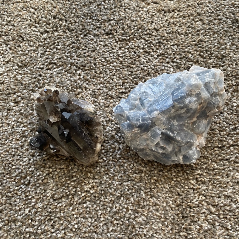 Pair of Natural Crystal Clusters - Smoky Quartz and Blue Calcite